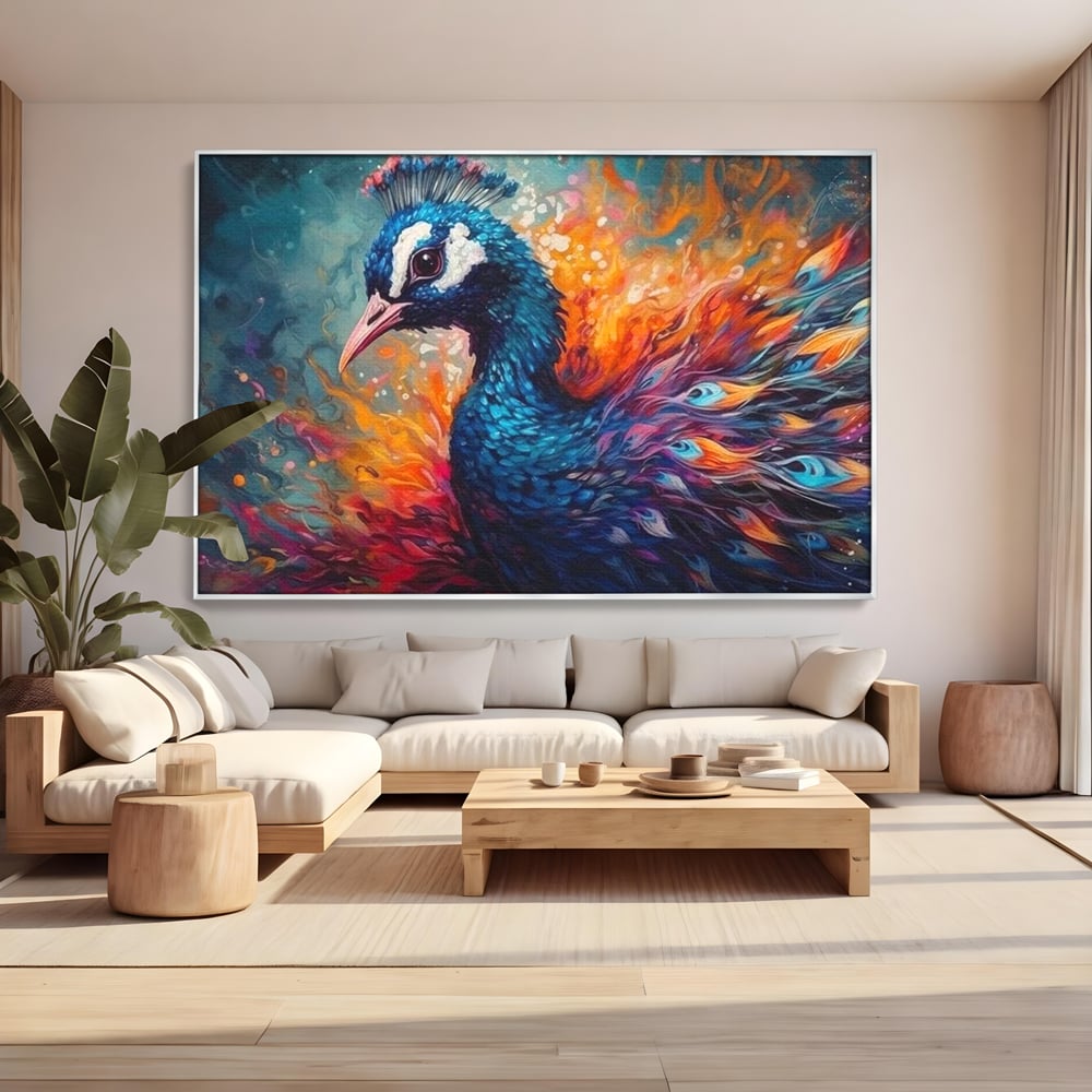 Tablou canvas cu tablou canvas cu paun in flacari, in rama de aluminiu argintiu, pe perete intr-un living